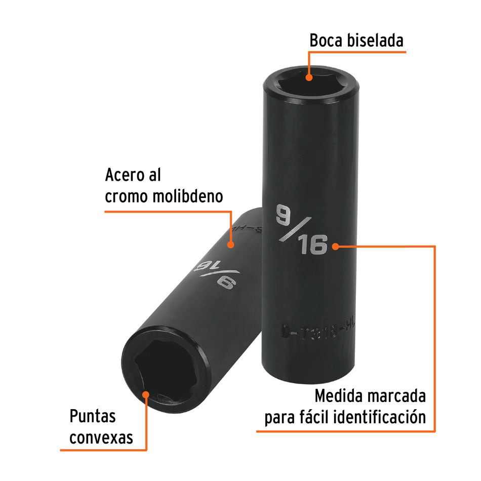Dado largo impacto de 9/16', 6 puntas, cuadro 1/2', Truper Caja con 6, 13389