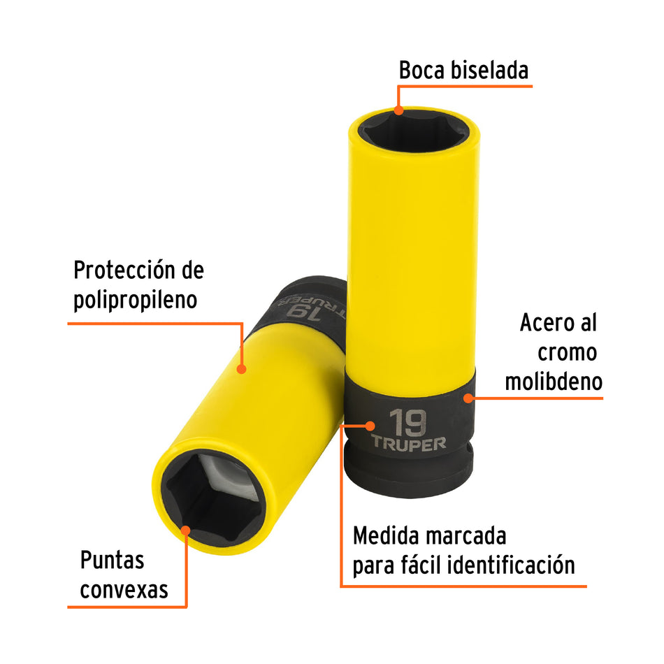 Dado largo impacto prot. plást. 19 mm, 6 puntas, cuadro 1/2' Caja con 6, 100931