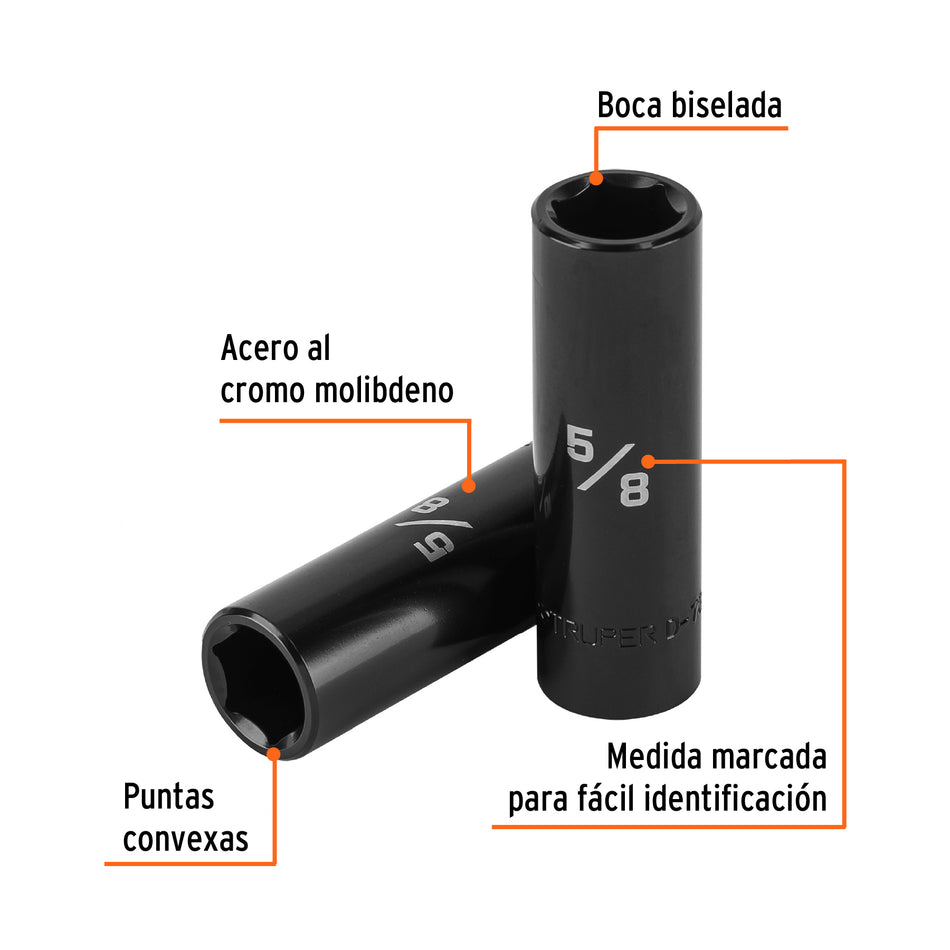 Dado largo impacto de 5/8', 6 puntas, cuadro 1/2', Truper Caja con 6, 13390
