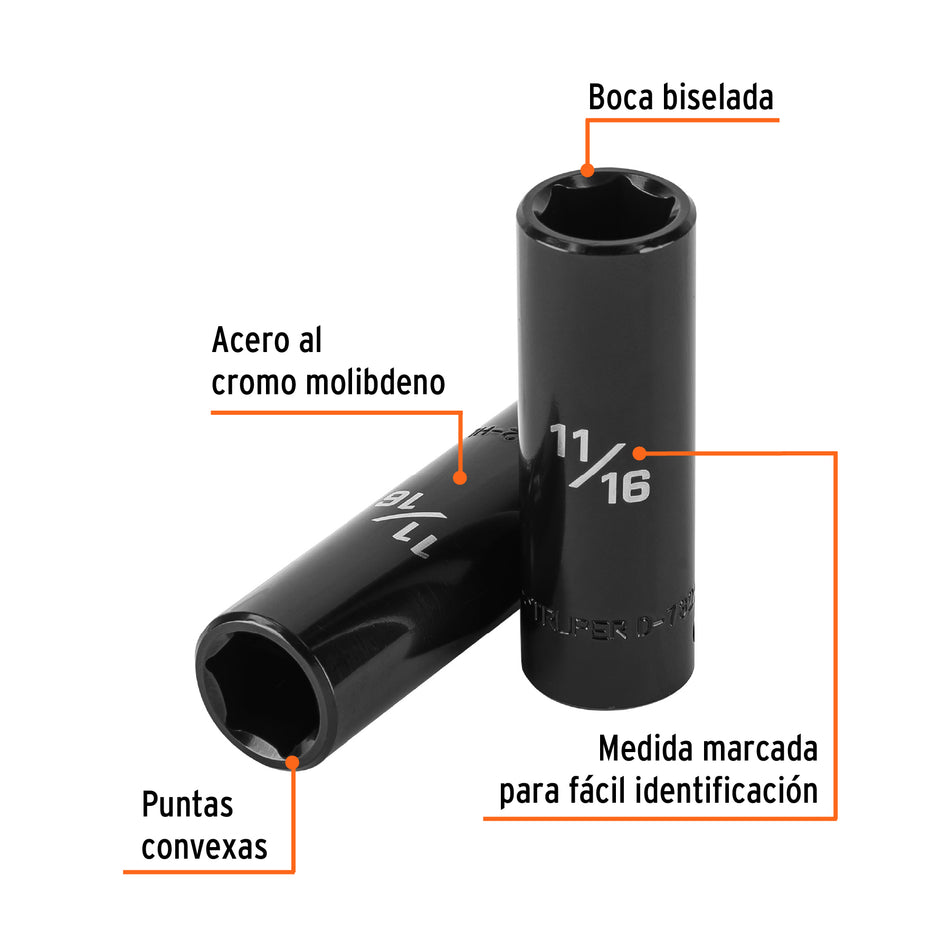 Dado largo impacto de 11/16', 6 puntas, cuadro 1/2', Truper Caja con 6, 13391