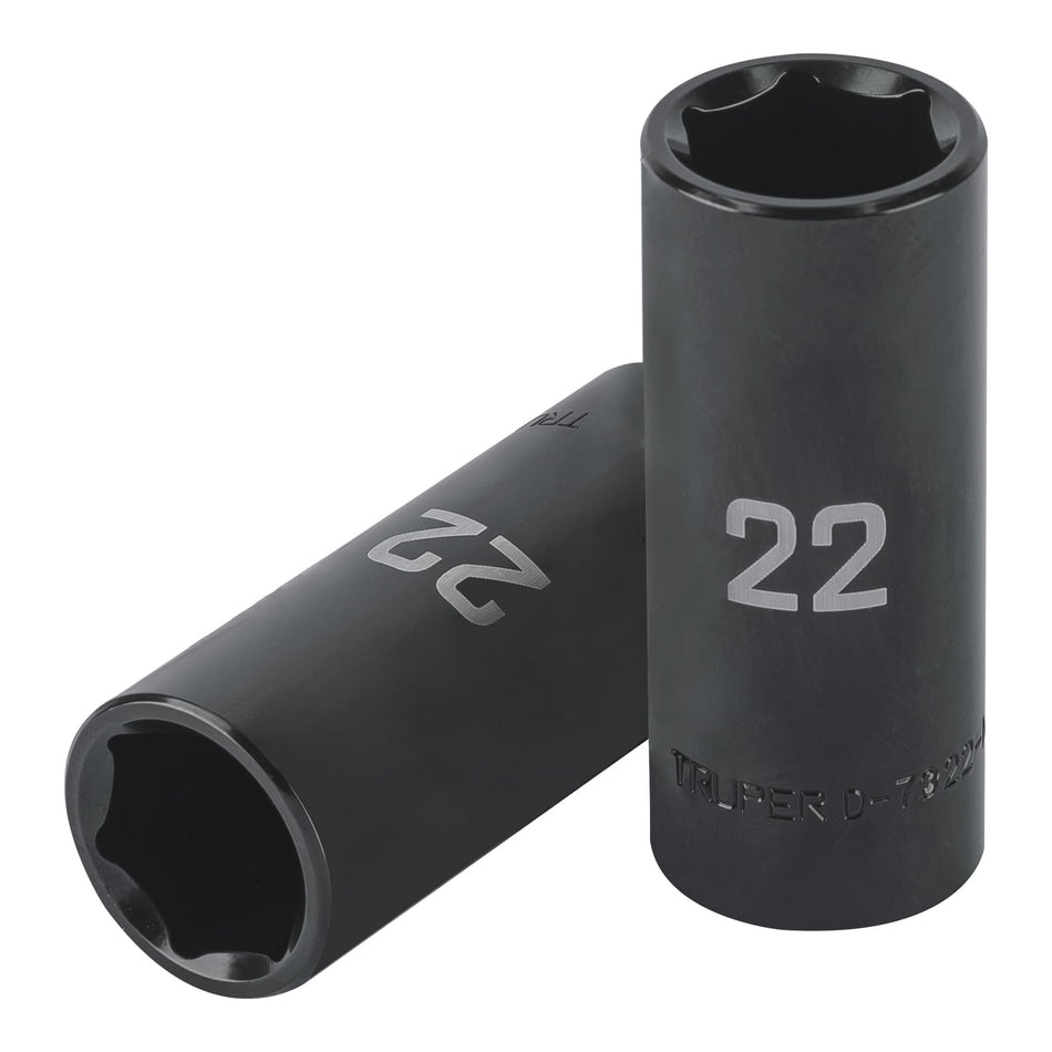 Dado largo impacto de 22 mm, 6 puntas, cuadro 1/2', Truper Caja con 6, 100921