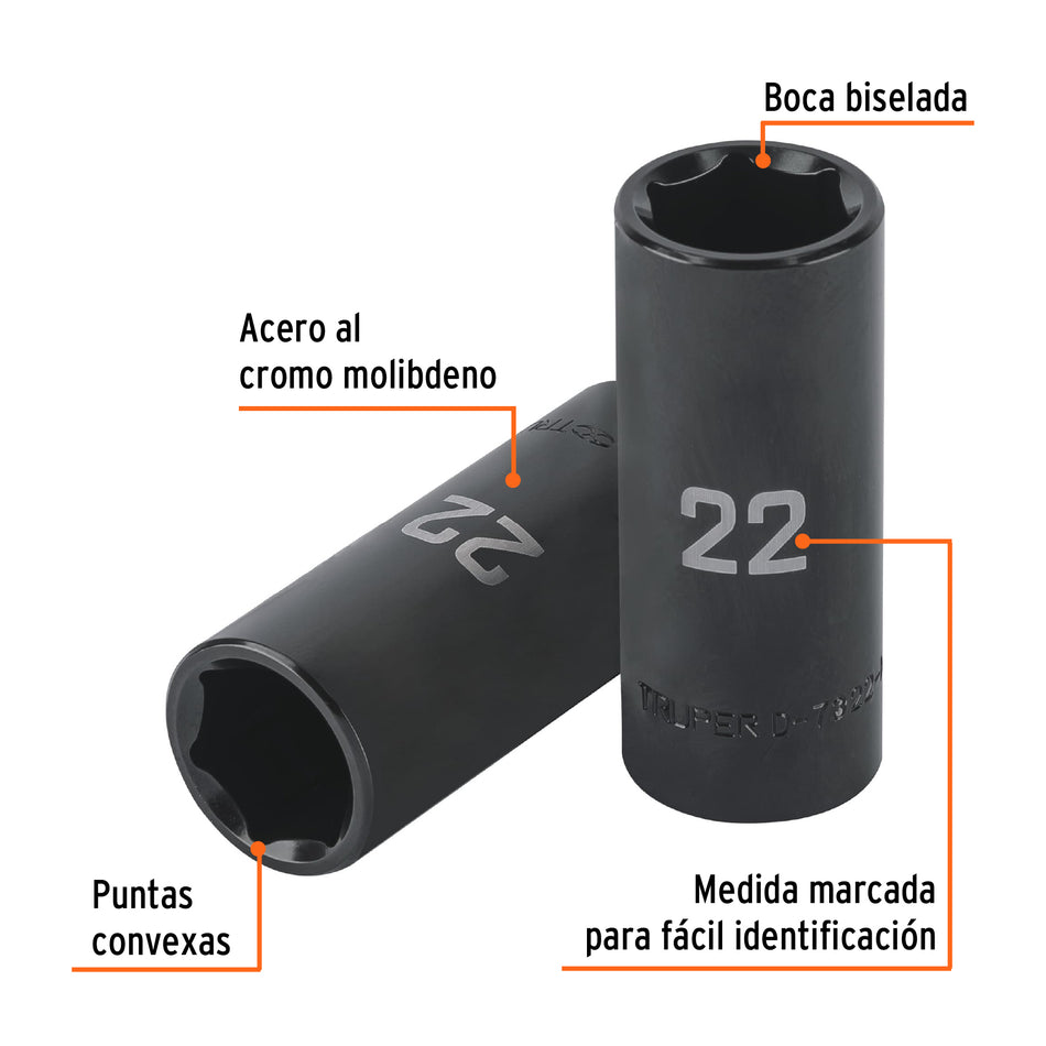 Dado largo impacto de 22 mm, 6 puntas, cuadro 1/2', Truper Caja con 6, 100921