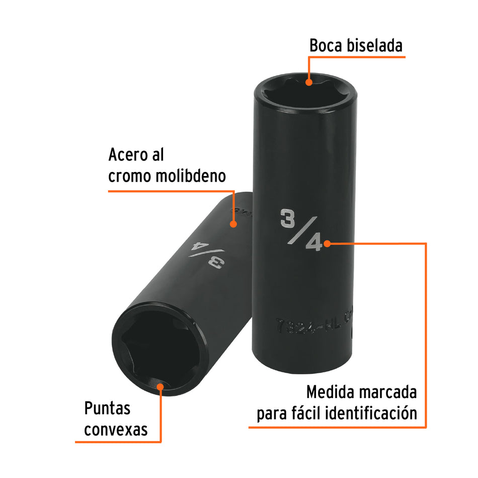 Dado largo impacto de 3/4', 6 puntas, cuadro 1/2', Truper Caja con 6, 13392