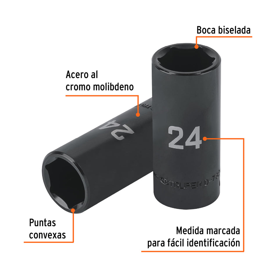 Dado largo impacto de 24 mm, 6 puntas, cuadro 1/2', Truper Caja con 6, 100923