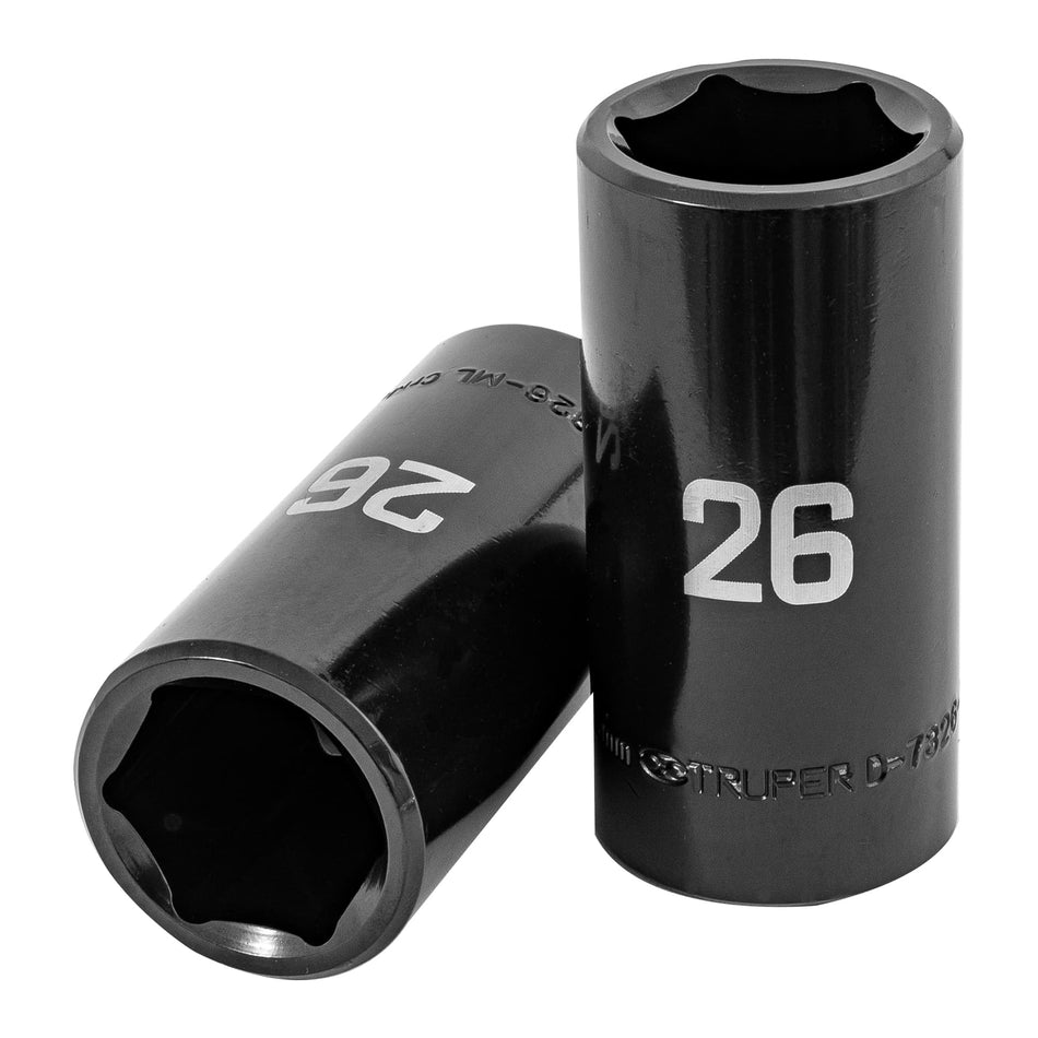 Dado largo impacto de 26 mm, 6 puntas, cuadro 1/2', Truper Caja con 6, 100925