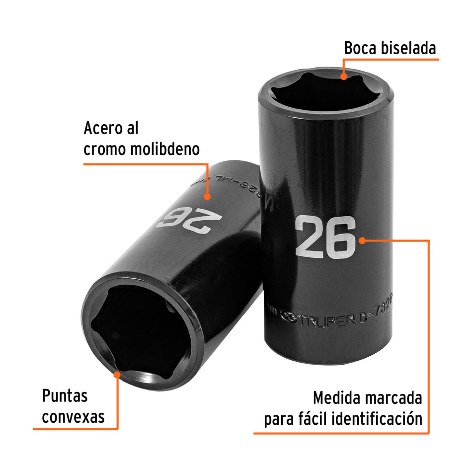 Dado largo impacto de 26 mm, 6 puntas, cuadro 1/2', Truper Caja con 6, 100925