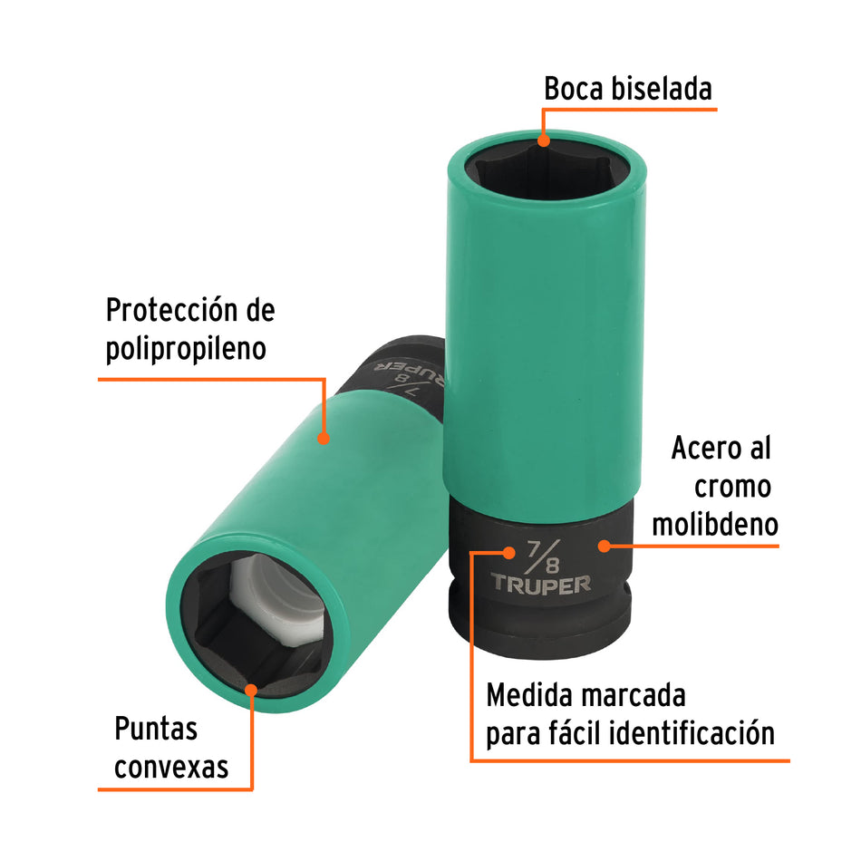 Dado largo impacto prot. plást. 7/8', 6 puntas, cuadro 1/2' Caja con 6, 100929
