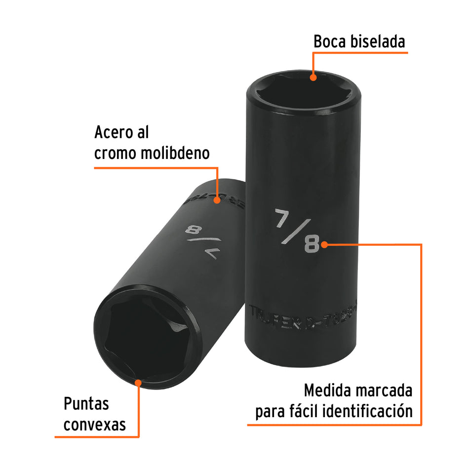 Dado largo impacto de 7/8', 6 puntas, cuadro 1/2', Truper Caja con 6, 13394