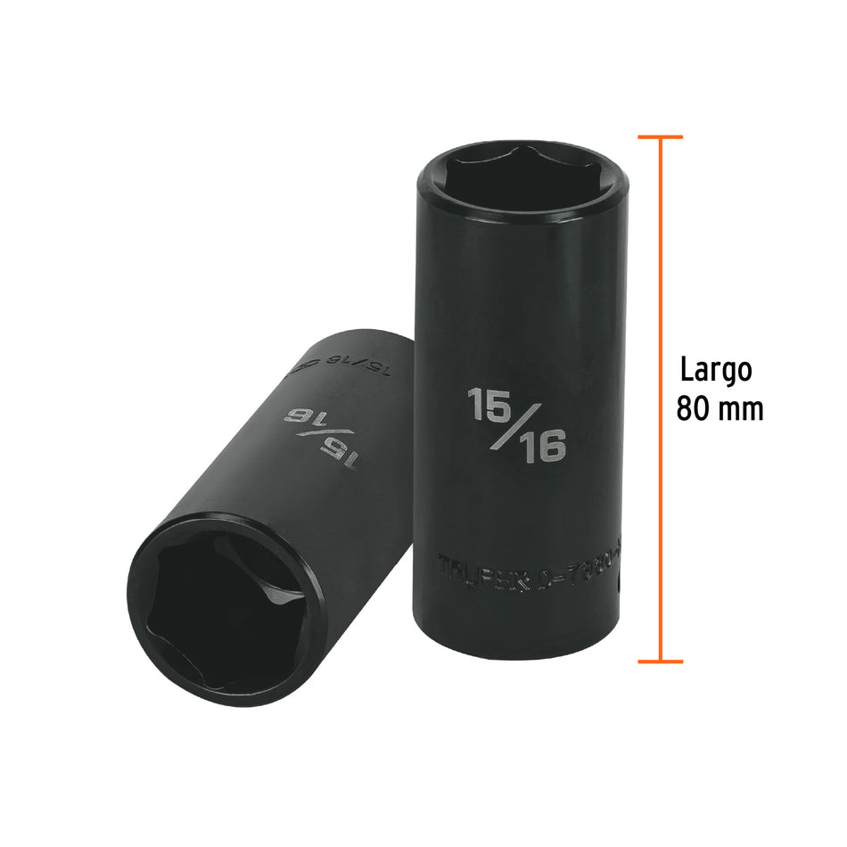Dado largo impacto de 15/16', 6 puntas, cuadro 1/2', Truper Caja con 6, 13395