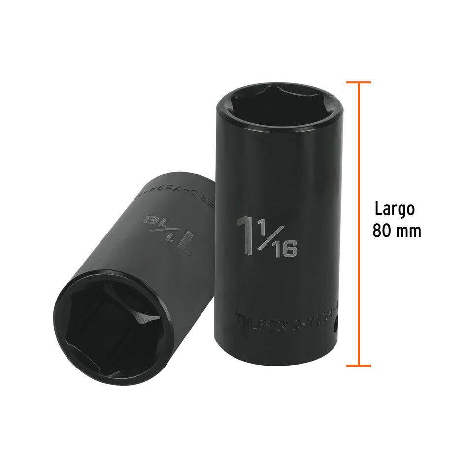 Dado largo impacto de 1-1/16', 6 puntas, cuadro 1/2',Truper Caja con 6, 13400