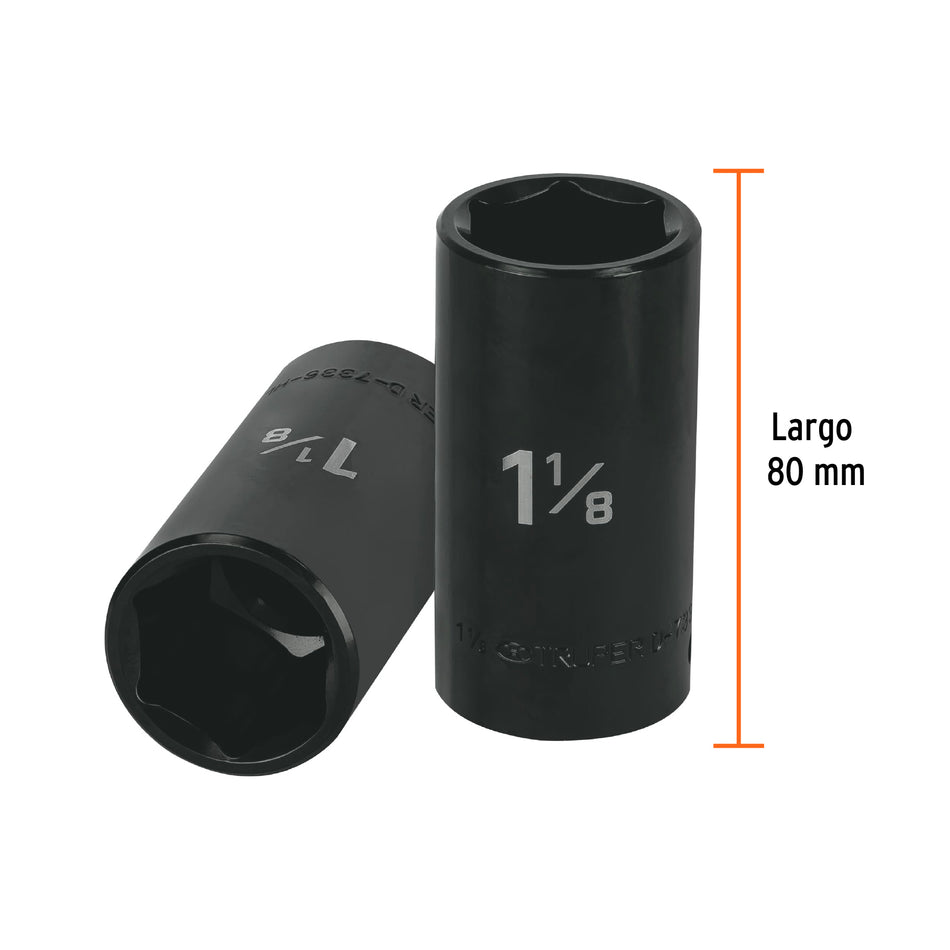 Dado largo impacto de 1-1/8', 6 puntas, cuadro 1/2', Truper Caja con 6, 13401