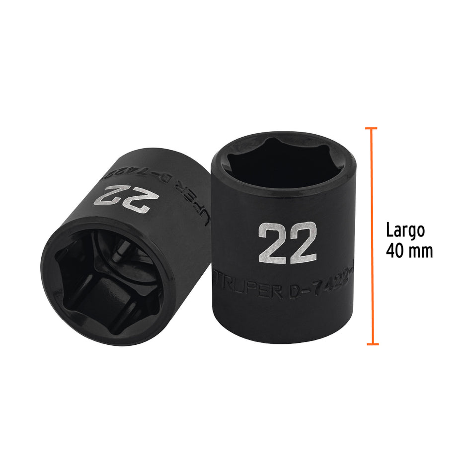 Dado de impacto de 22 mm, 6 puntas, cuadro 1/2', Truper Caja con 6, 100895