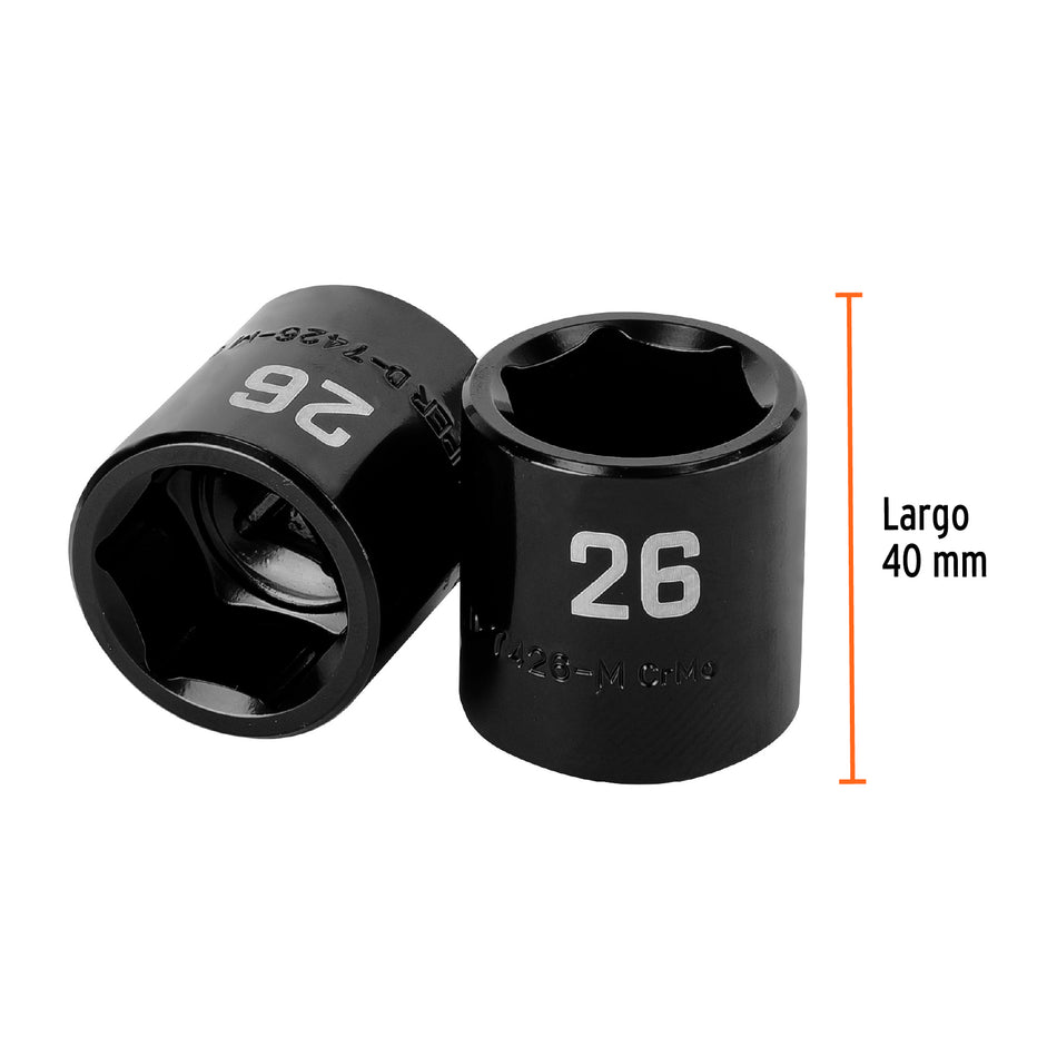 Dado de impacto de 26 mm, 6 puntas, cuadro 1/2', Truper Caja con 6, 100899