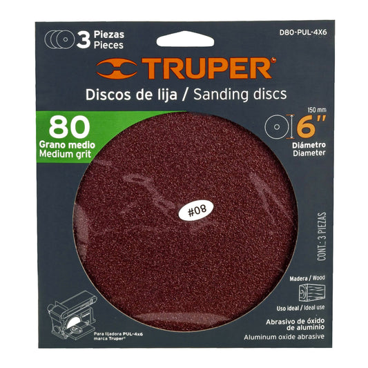 discos de lija 6' grano 80 para PUL 4x6, Truper Caja con 4, 16164