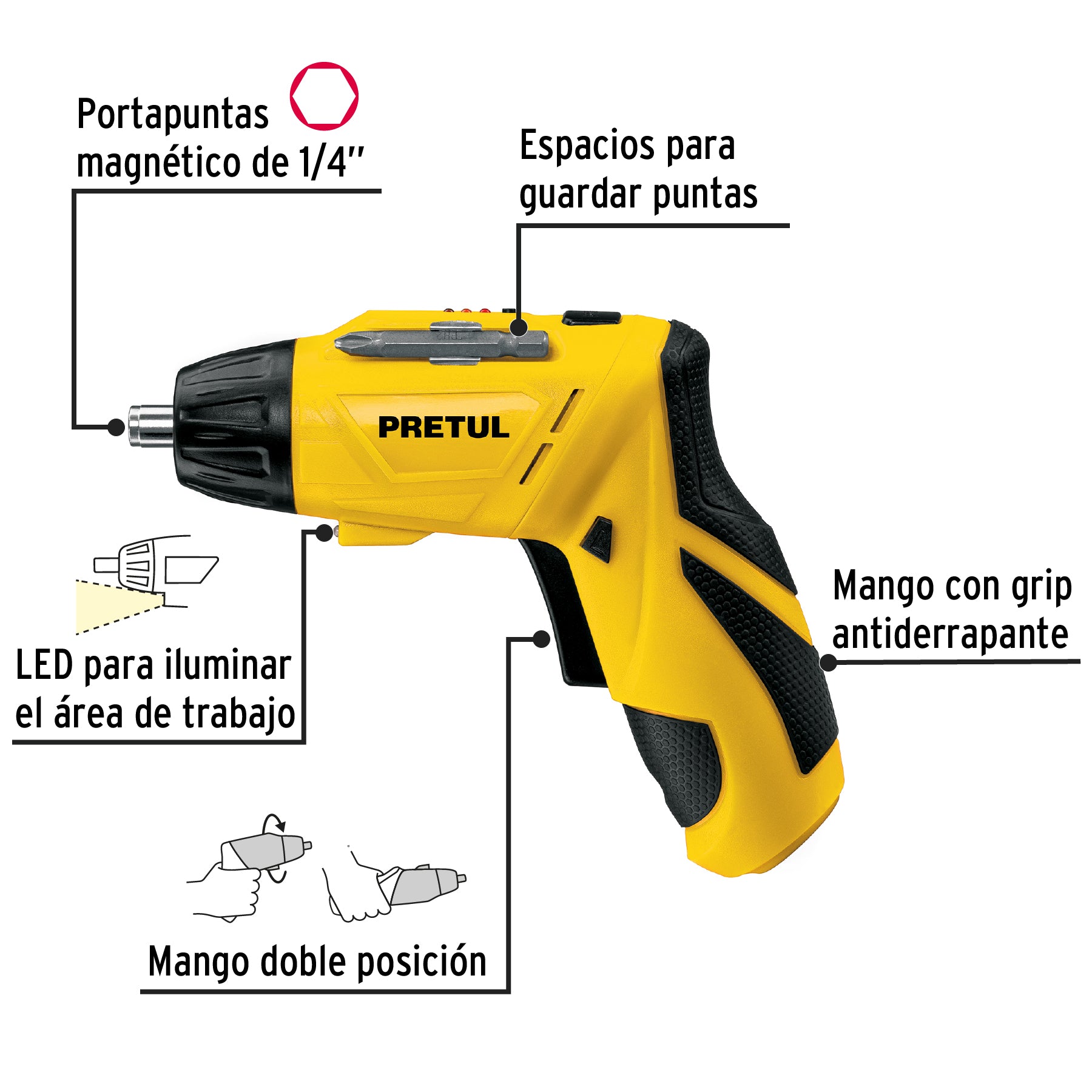 Destornillador inalámbrico de dos posiciones, 3.6V, PRETUL, 26402