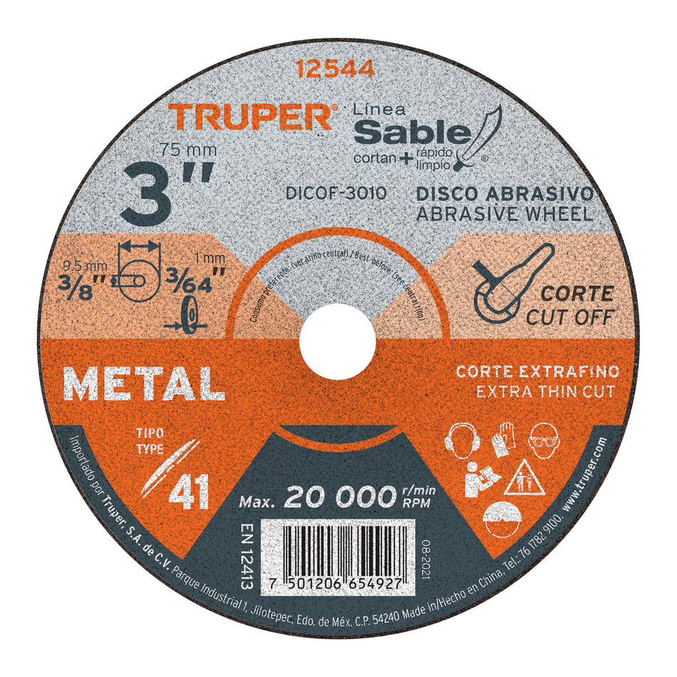 Disco Tipo 41 de 3' x 1 mm corte fino de metal, Sable Caja con 5, 12544