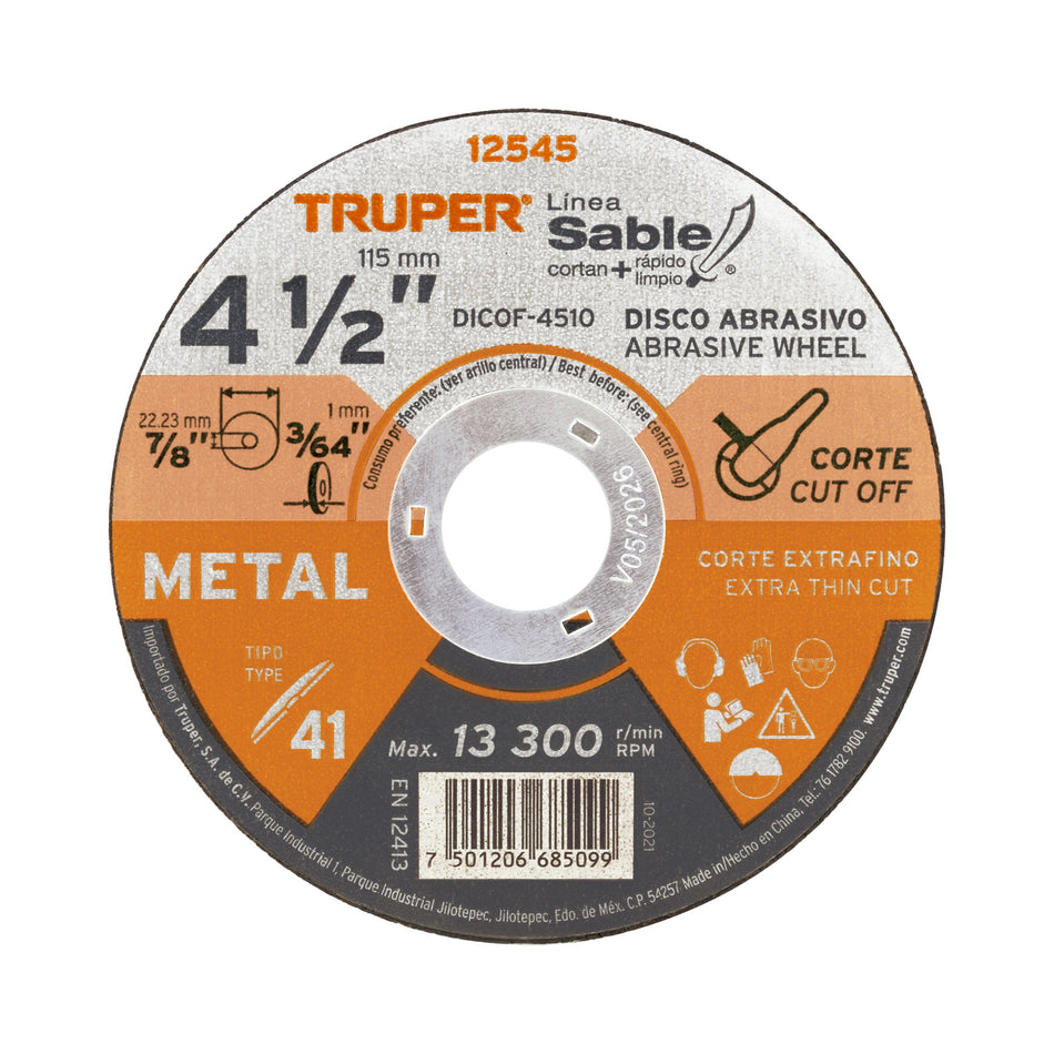 Disco Tipo 41 de 4-1/2' x 1 mm corte fino de metal, Sable Caja con 20, 12545