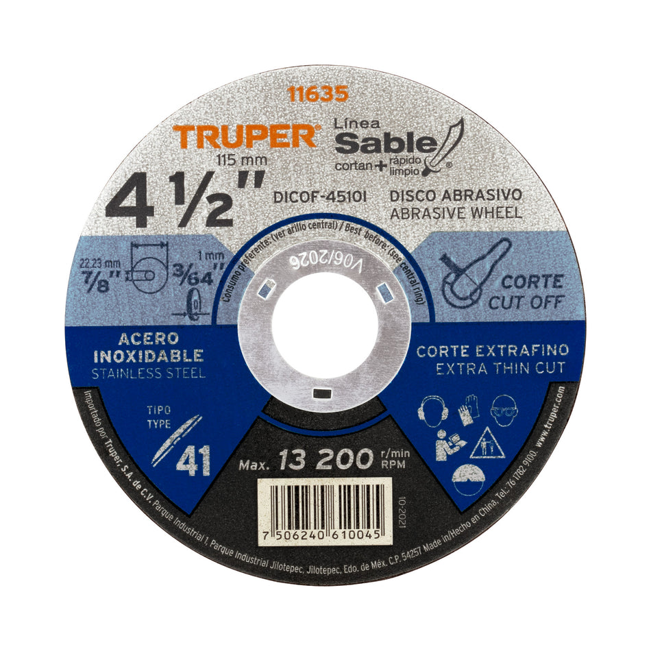Disco Tipo 41 de 4-1/2' x 1 mm corte fino acero inox, Sable Caja con 5, 11635