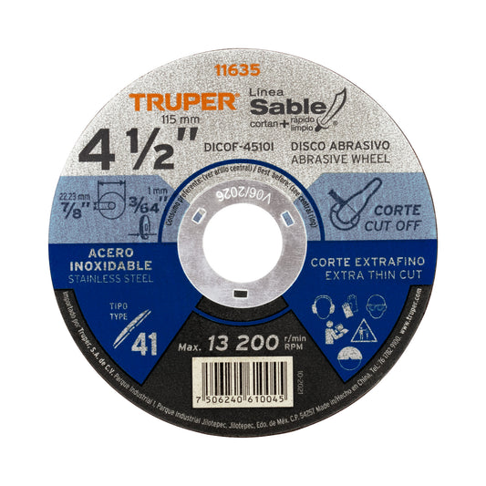 Disco Tipo 41 de 4-1/2' x 1 mm corte fino acero inox, Sable Caja con 5, 11635