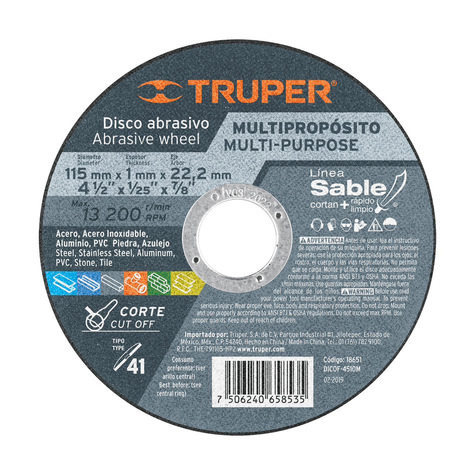 Disco Tipo 41 de 4-1/2' x 1 mm corte multimaterial, Sable Caja con 10, 18651