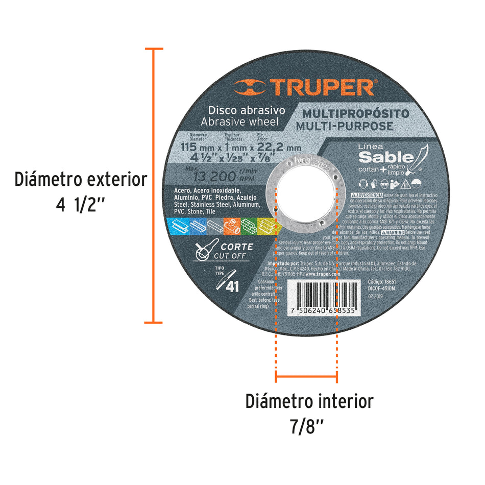 Disco Tipo 41 de 4-1/2' x 1 mm corte multimaterial, Sable Caja con 10, 18651
