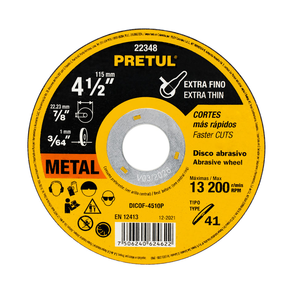 Disco Tipo 41 de 4-1/2' x 1 mm corte fino de metal, Pretul Caja con 20, 22348