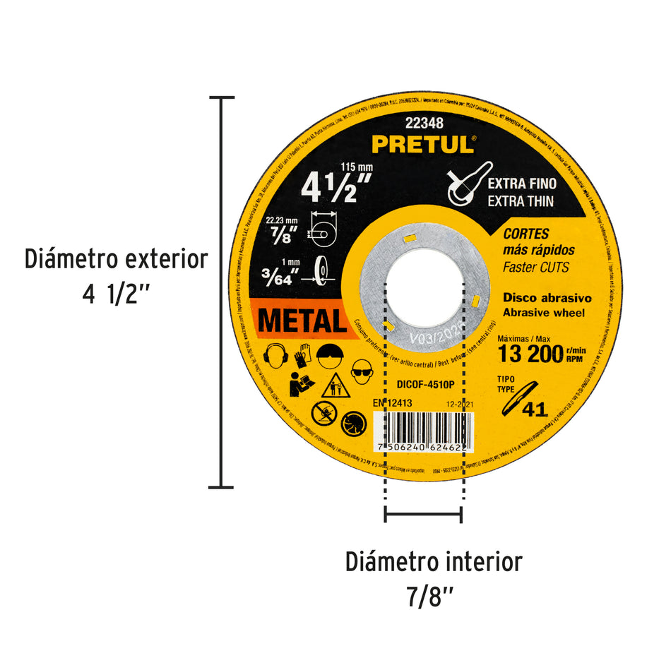 Disco Tipo 41 de 4-1/2' x 1 mm corte fino de metal, Pretul Caja con 20, 22348
