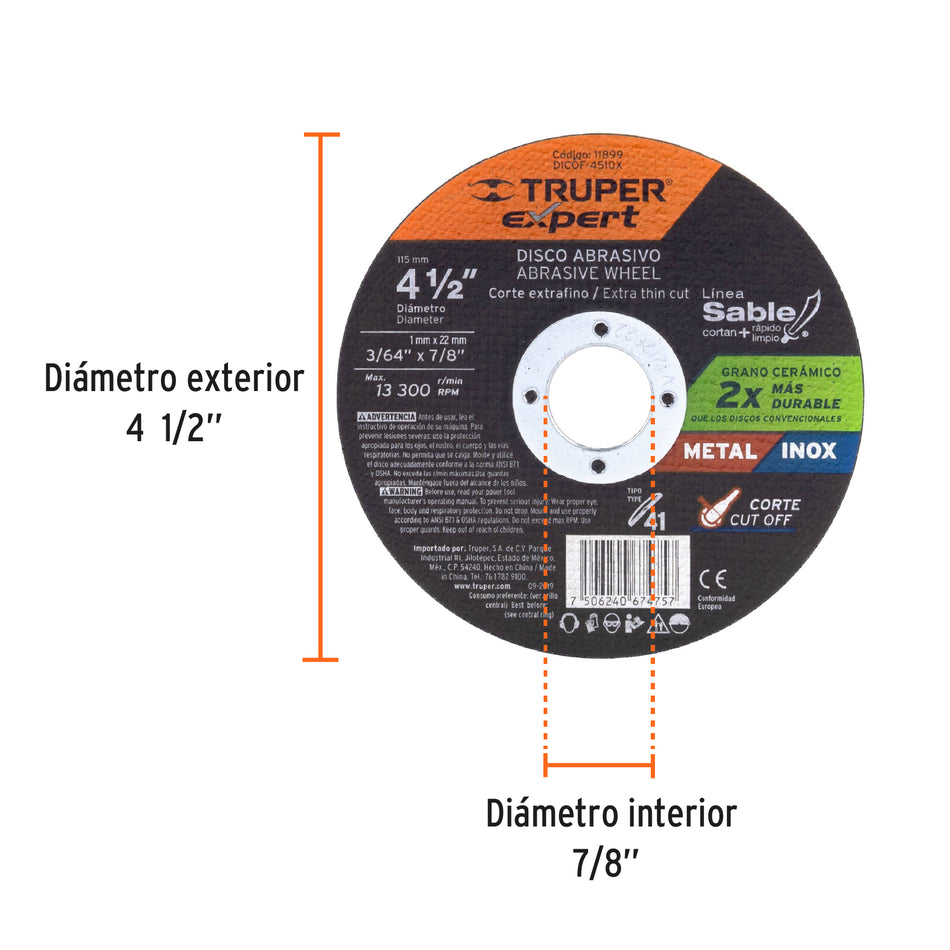 Disco Tipo 41 de 4-1/2' x 1 mm corte fino de metal, Expert Caja con 5, 11899