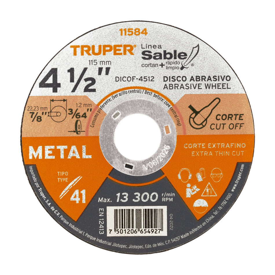 Disco Tipo 41 de 4-1/2' x 1.2 mm corte fino de metal, Sable Caja con 20, 11584