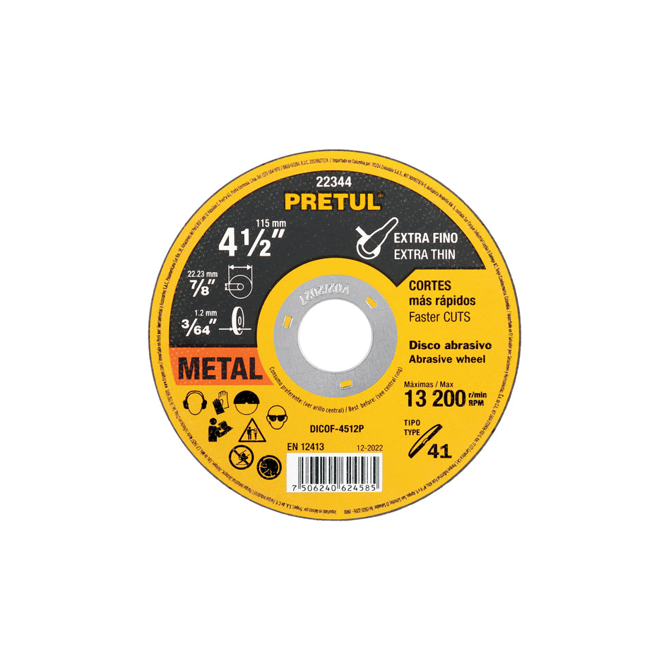 Disco Tipo 41 de 4-1/2' x 1.2 mm corte fino de metal, Pretul Caja con 20, 22344