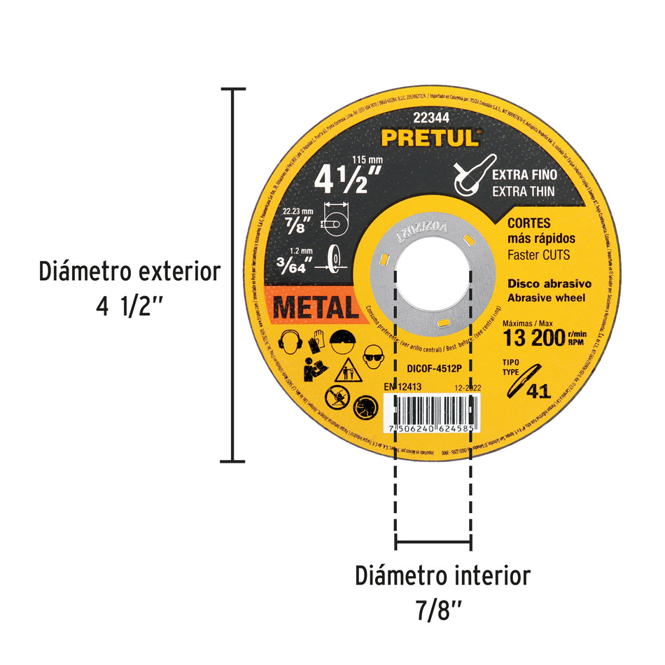 Disco Tipo 41 de 4-1/2' x 1.2 mm corte fino de metal, Pretul Caja con 20, 22344