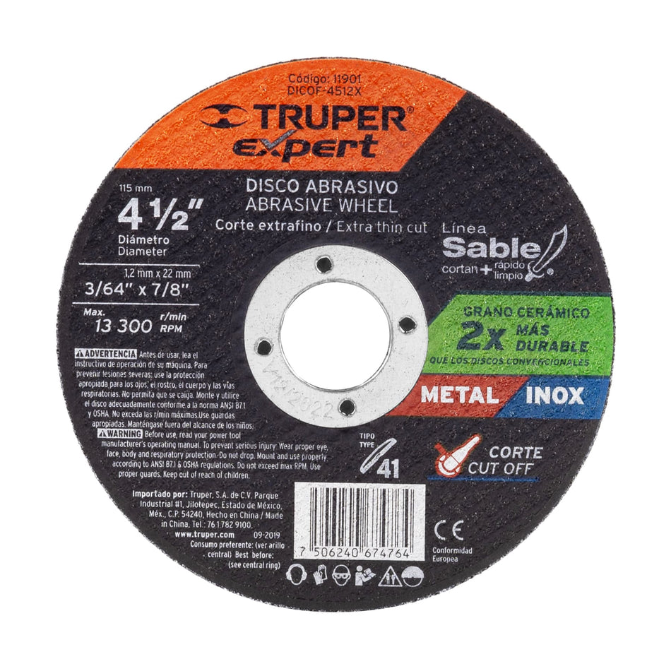 Disco Tipo 41 de 4-1/2' x 1.2 mm corte fino de metal, Expert Caja con 5, 11901