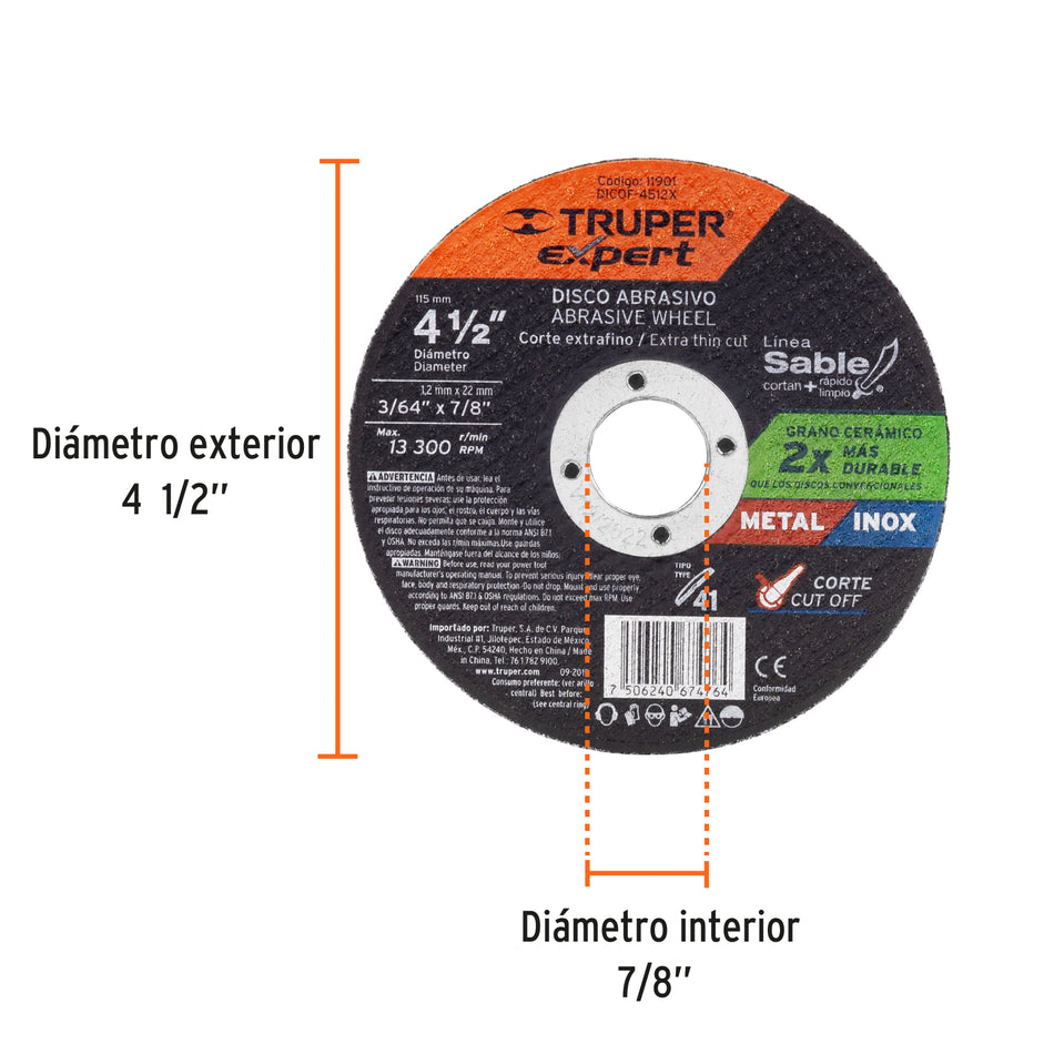 Disco Tipo 41 de 4-1/2' x 1.2 mm corte fino de metal, Expert Caja con 5, 11901