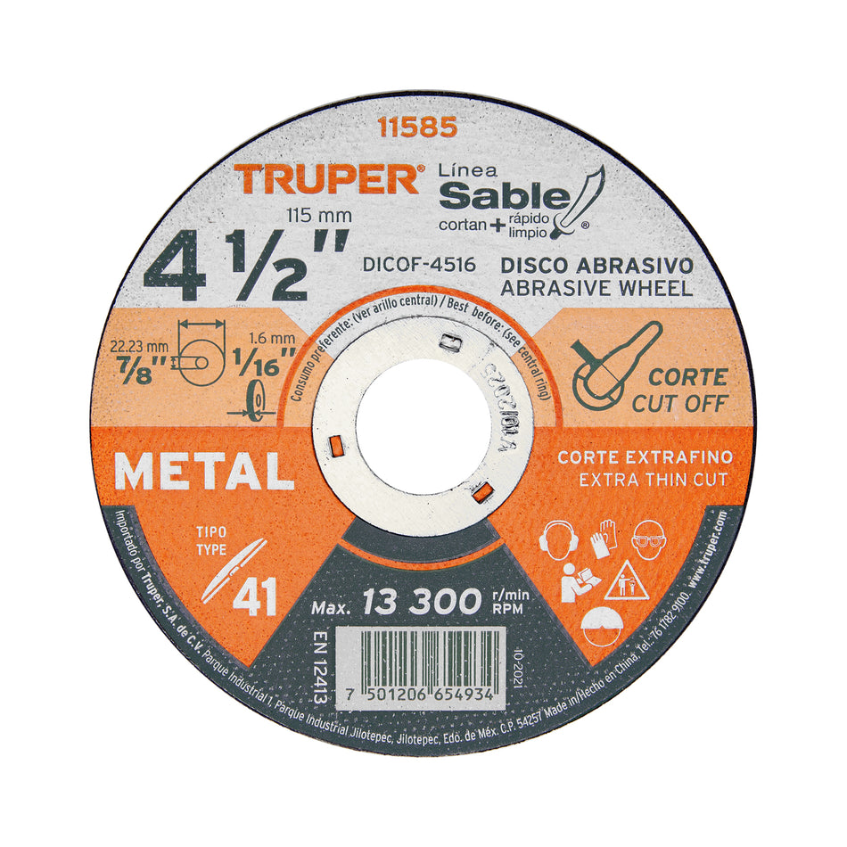 Disco Tipo 41 de 4-1/2' x 1.6 mm corte fino de metal, Sable Caja con 10, 11585