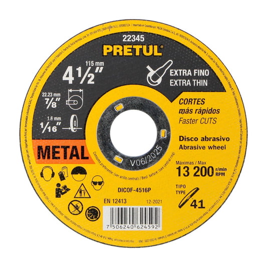 Disco Tipo 41 de 4-1/2' x 1.6 mm corte fino de metal, Pretul Caja con 20, 22345