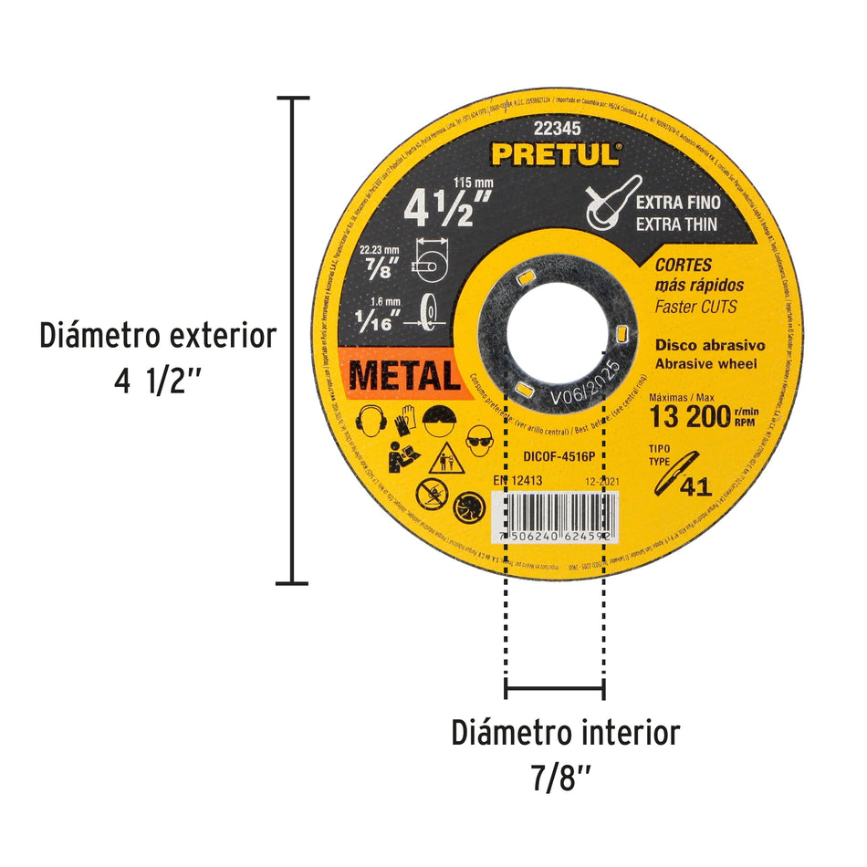 Disco Tipo 41 de 4-1/2' x 1.6 mm corte fino de metal, Pretul Caja con 20, 22345