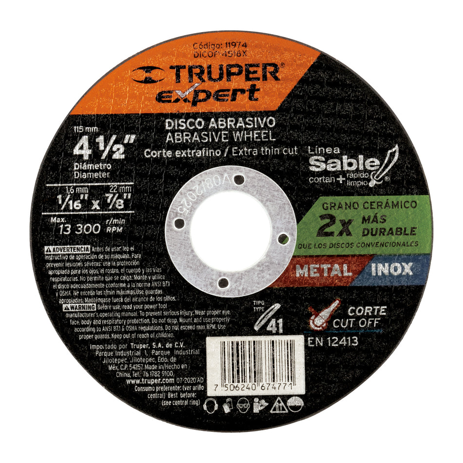 Disco Tipo 41 de 4-1/2' x 1.6 mm corte fino de metal, Expert Caja con 5, 11974
