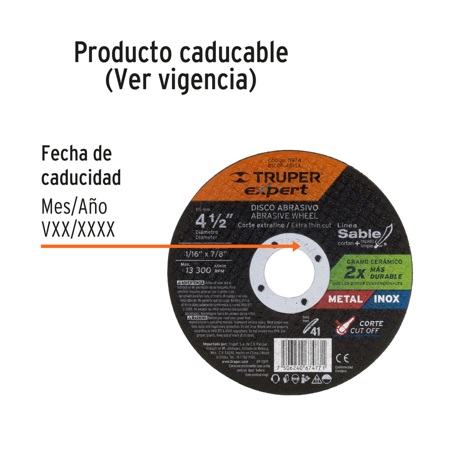 Disco Tipo 41 de 4-1/2' x 1.6 mm corte fino de metal, Expert Caja con 5, 11974