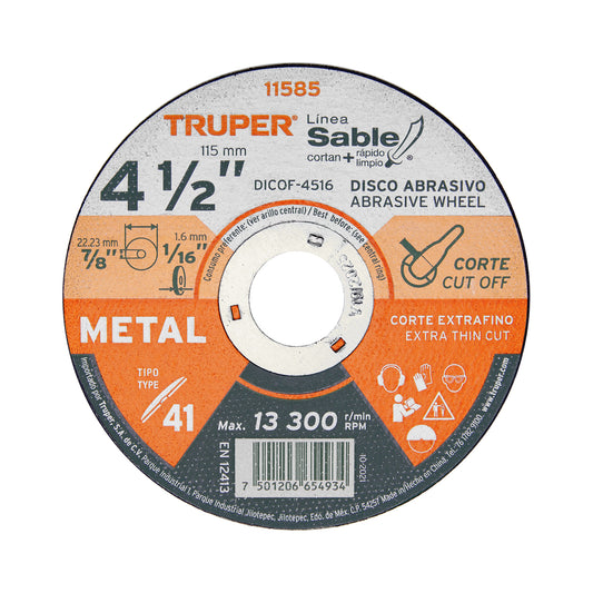 Disco Tipo 41 de 4-1/2' x 1.6 mm corte fino de metal, Sable Caja con 10, 11585