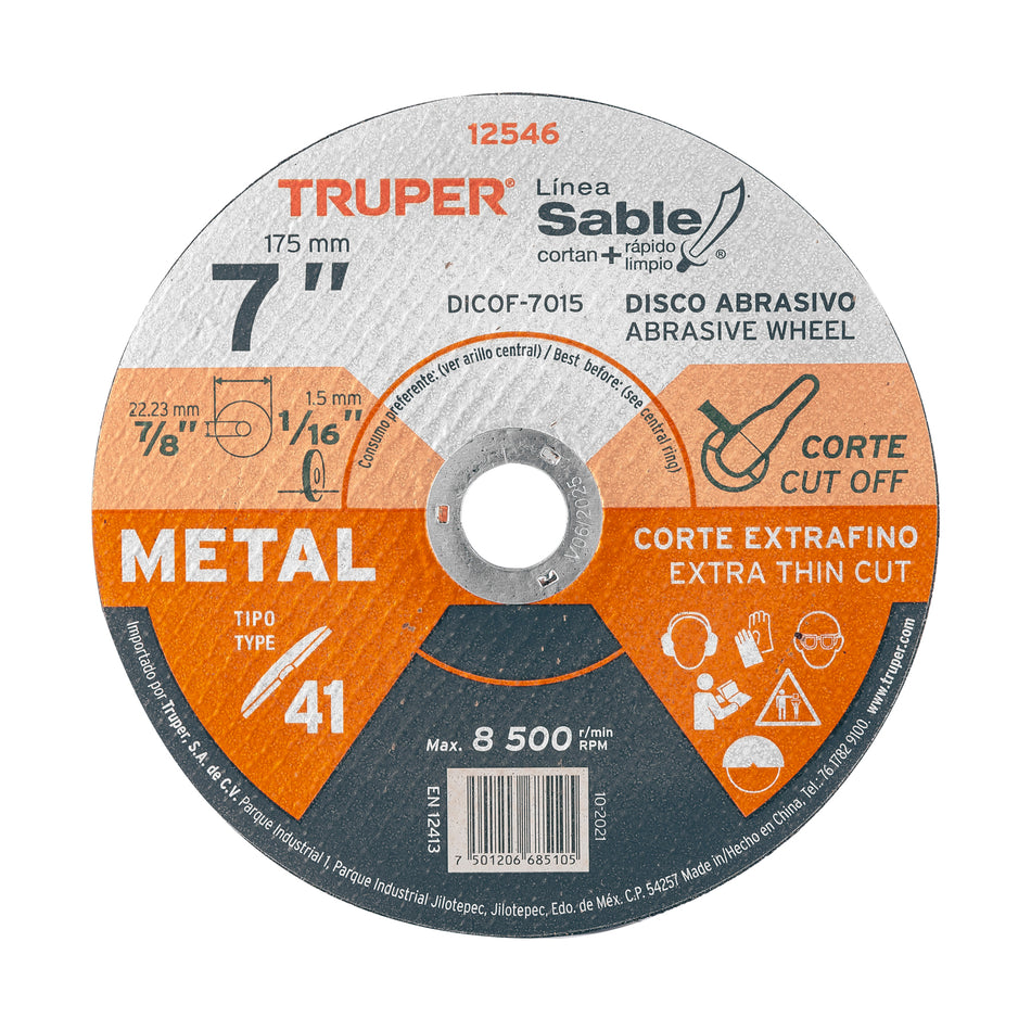 Disco Tipo 41 de 7' x 1.5 mm corte fino de metal, Sable Caja con 10, 12546