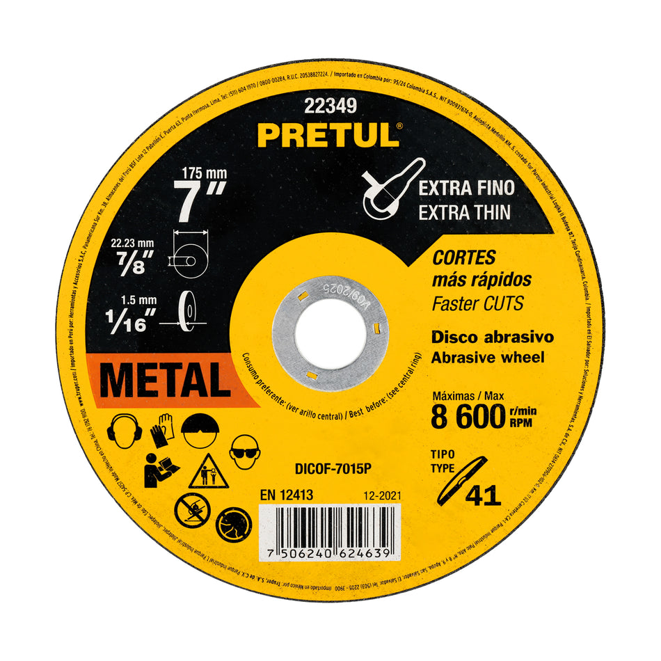 Disco Tipo 41 de 7' x 1.5 mm corte fino de metal, Pretul Caja con 10, 22349
