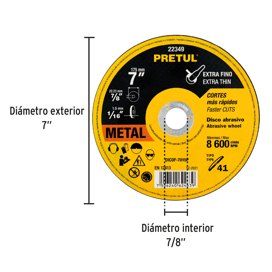 Disco Tipo 41 de 7' x 1.5 mm corte fino de metal, Pretul Caja con 10, 22349