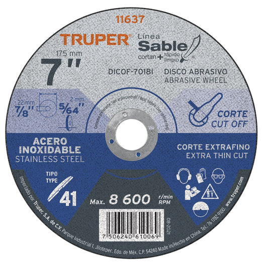 Disco Tipo 41 de 7' x 1.8 mm corte fino acero inox, Sable Caja con 5, 11637