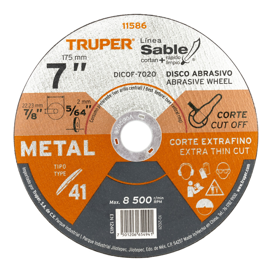 Disco Tipo 41 de 7' x 2 mm corte fino de metal, Sable Caja con 10, 11586