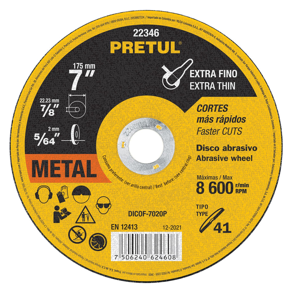 Disco Tipo 41 de 7' x 2 mm corte fino de metal, Pretul Caja con 10, 22346