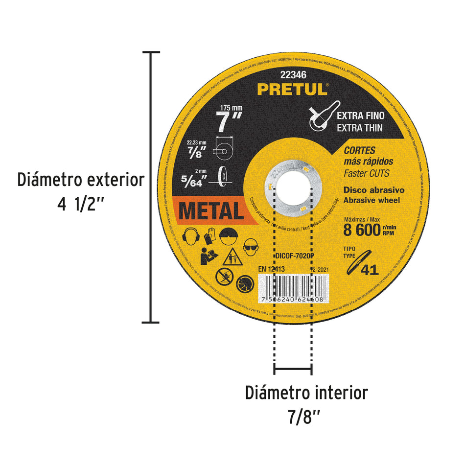 Disco Tipo 41 de 7' x 2 mm corte fino de metal, Pretul Caja con 10, 22346
