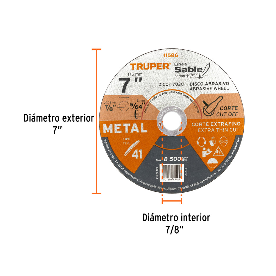 Disco Tipo 41 de 7' x 2 mm corte fino de metal, Sable Caja con 10, 11586