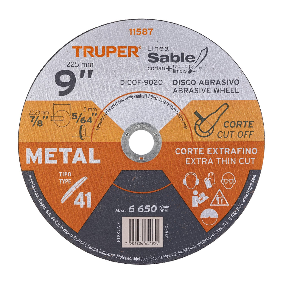 Disco Tipo 41 de 9' x 2 mm corte fino de metal, Sable Caja con 10, 11587