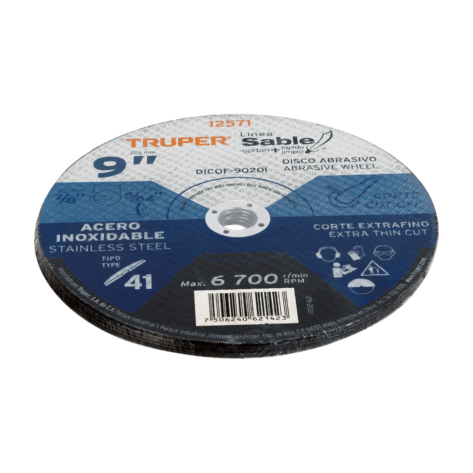 Disco Tipo 41 de 9' x 2 mm corte fino acero inox, Sable Caja con 5, 12571