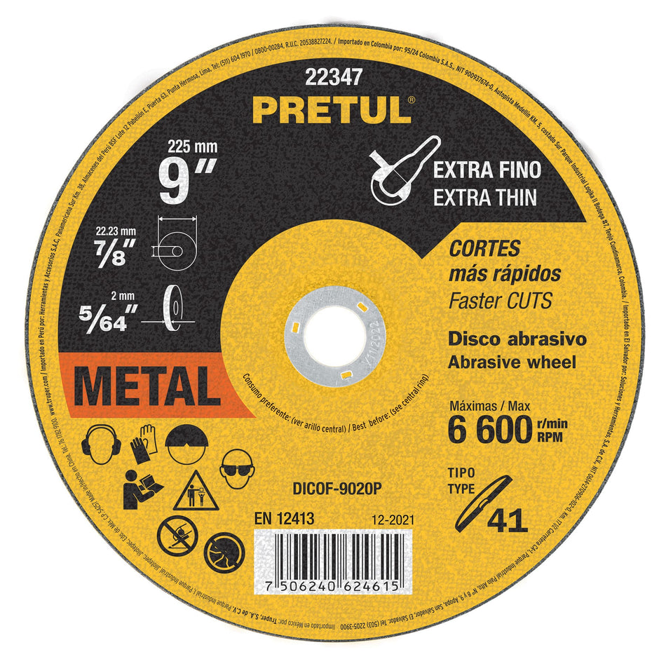 Disco Tipo 41 de 9' x 2 mm corte fino de metal, Pretul Caja con 10, 22347